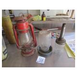 BARN LANTERN ; OIL JAR; CHICKEN WATERER
