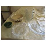 5 PIECES GLASSWARE - DIVIDER DISHS, TEA PITCHER