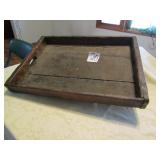 14 X 191/2 X2' PRIMITIVE WOOD TRAY W/ FINGER CUT