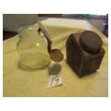 UNUSUAL BALL MASON JAR; WOOD DIPPER SPOON W/