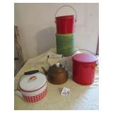 TIN COOKIE JAR ; COPPER TEA POT; RED TIN PAILS