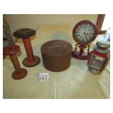 WOOD SPOOLS; CLOCK; TIN STORAGE PAN
