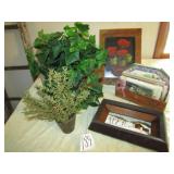 WOOD BOX W/ GREENERY ; CHEESE BOX ; VINTAGE BOOKS