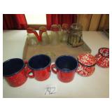 2 RED TOP SYRUP JARS ; 2 RED TOP NUT GRINDERS