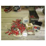 METAL AMMO BOX; VINTAGE SHOT GUN SHELLS