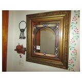 ANTIQUE STAIN GLASS MIRROR IN NICE FRAME 24 X 28