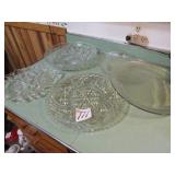 5 CLEAR GLASS SERVING PLATTERS ; CAKE STAND