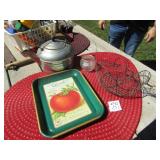 BURPEES SEED ADV. TRAY; WIRE CHICKEN ; TEA POT