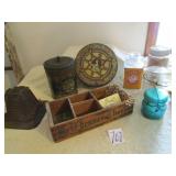 CHEESE BOX W/ DIVIDERS ; OLD JARS; SPICE TINS; OLD