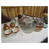 2 BALL JAR CANISTER ; COFFEE CUPS; MILK BOTTLE