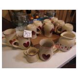 10- STONE COFFEE MUGS W/ HEARTS; CREAMER
