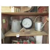 SPRINKLER CAN ; GRAY GRANITE COFFEE POT; CLOCK