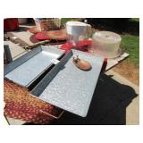 2 GALV. SERVING TRAYS ; CAKE DISH; WATER JUG