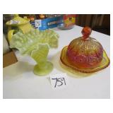 VASELINE GLASS VASE ;CARNIVAL CHEESE DISH