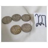 5- WALKING LIBERTY SILVER HALF DOLLARS - 1939, 41,