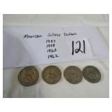 4- MEXICO SILVER DOLLARS 1957,59,62,63