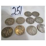 10- WALKING LIBERTY SILVER HALF DOLLARS -1940'S