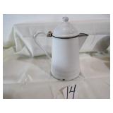 WHITE GRANITE COFFEE POT W/ BLACK TRIM