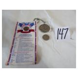 1974 IKE DOLLAR KEY CHAIN ; BICENTENIAL PENNY; MOE
