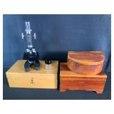 Shalco Microscope & 2 Wooden Jewelry Boxes