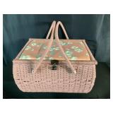 Pink Wicker Sewing Basket and Sewing Supplies