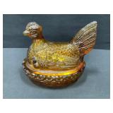 L.E. Smith Amber Glass Hen on Nest