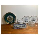Antique Lot of Sailboat Plates, Welcome, Glasses