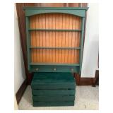 Green Wooden Shelf w/ Hooks & Crate