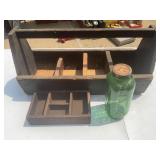 Primitive Wood Tool Carrier, Green Glass Jar