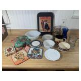 Large Kitchen Lot of Dishes, Tray, & Hot Pads