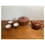 Vintage Pottery Bean Pot, Tea Pot, & Cups