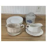 Salt Crock, Gravy Boats, & Dinner Plates
