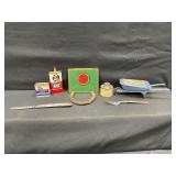 Various Cans, Horseshoe, Silverware, Wheelbarrow