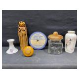 Corn Husk Doll, Spool, Jar, Vase, Ticket Pins
