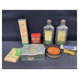 Vintage Bottles, Tins & Broom Holder
