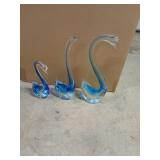 Three Blue Glass Swan Figurines