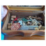 Wooden Sewing Box with Contents