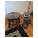 Ceramic Owl Figurine and Wooden Stool