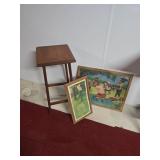 Wooden Stool and Framed Artwork Lot