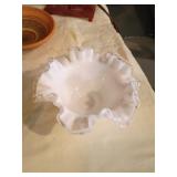 White Milk Glass Bowl with Ruffled Edge