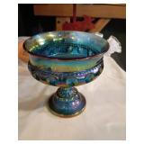 Iridescent Blue Carnival Glass Compote