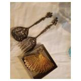 Ornate Brass Shell Dish and Silver Serving Utensil