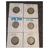 Six Buffalo Nickels, 1930-1936