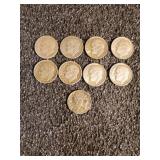 Nine Roosevelt Silver Dimes, 1950s-60s