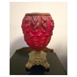 Red Glass Oil Lamp with Ornate Base