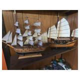 Two Wooden Model Ships on Display