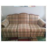 Plaid Flexsteel Sofa with Wood Trim