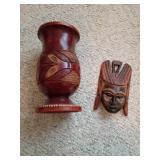 Hand-Carved Wood Vase and Face Mask