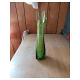 Green Glass 13x3in Art Vase