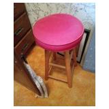 24" Wooden Stool With Pink red Cushion